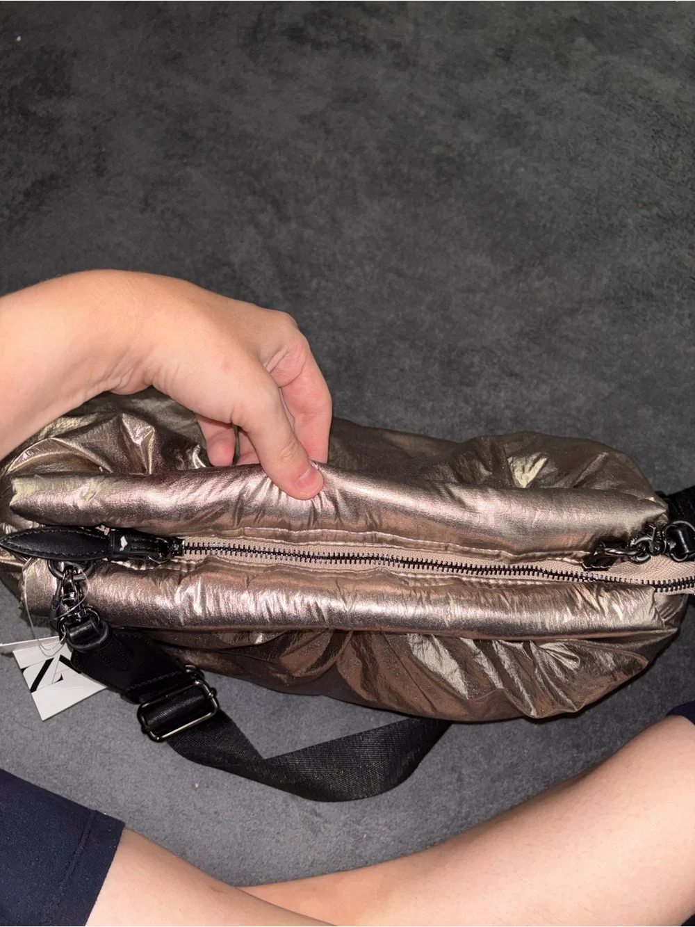 ZARA Metallic Bronze Puffy Crossbody Bag with Black Strap